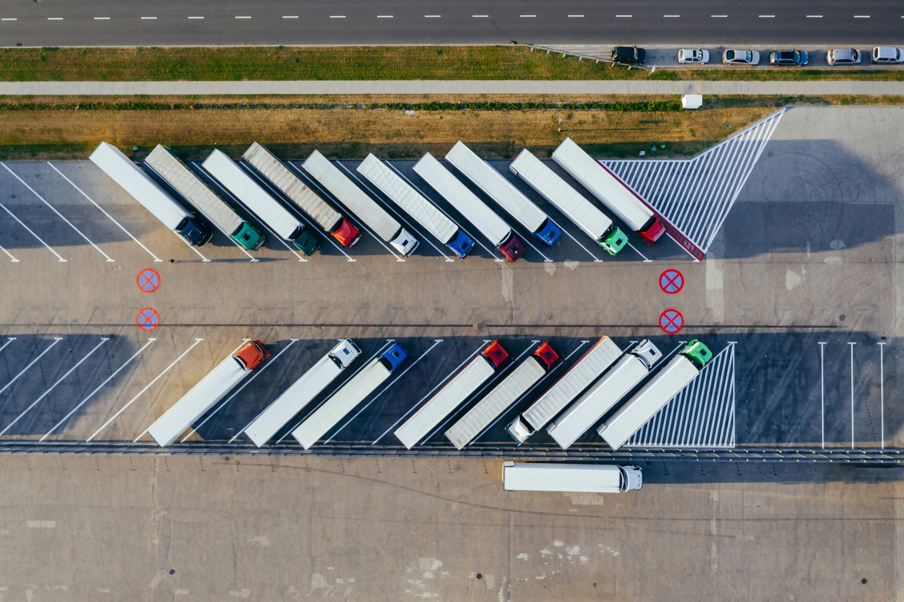 Aerial view of trucks at a distribution center