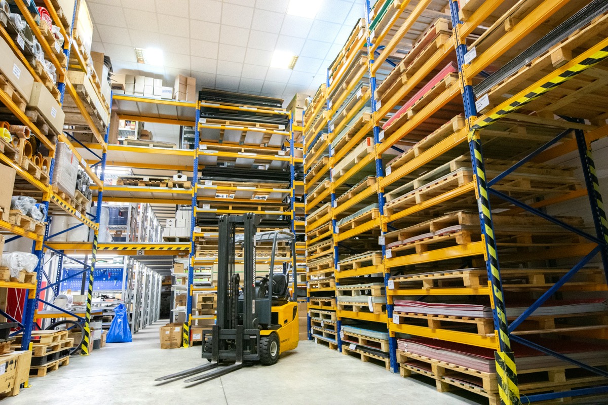 Inventory racks and a forklift in a warehouse